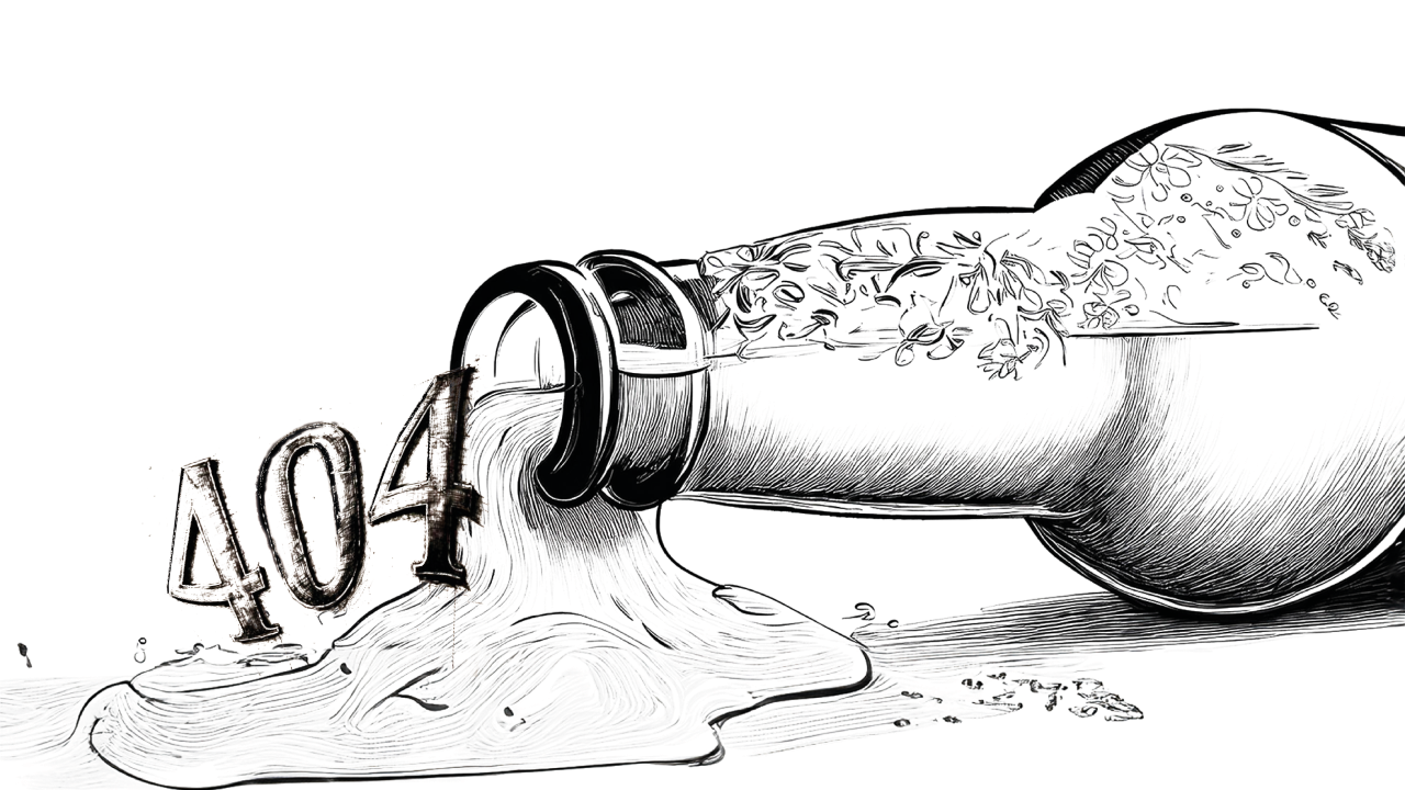 Zeichnung einer umgestürzten Flasche aus der sich die Zahlen 404 und eine Flüssigkeit ergießen.