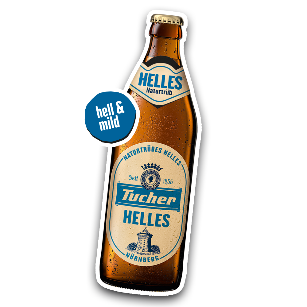 Eine verschlossene Bierflasche mit Etikett und Feuchtigkeitstropfen ist abgebildet. Sie trägt ein Logo, das auf eine lange Tradition hinweist.