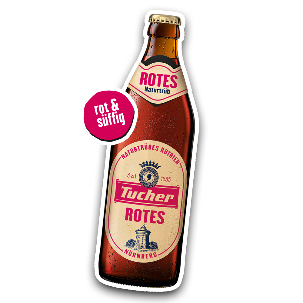 Bierflasche mit rosarotem Etikett und aufgedrucktem Turm, beschriftet mit Brauereinamen und Jahreszahl.