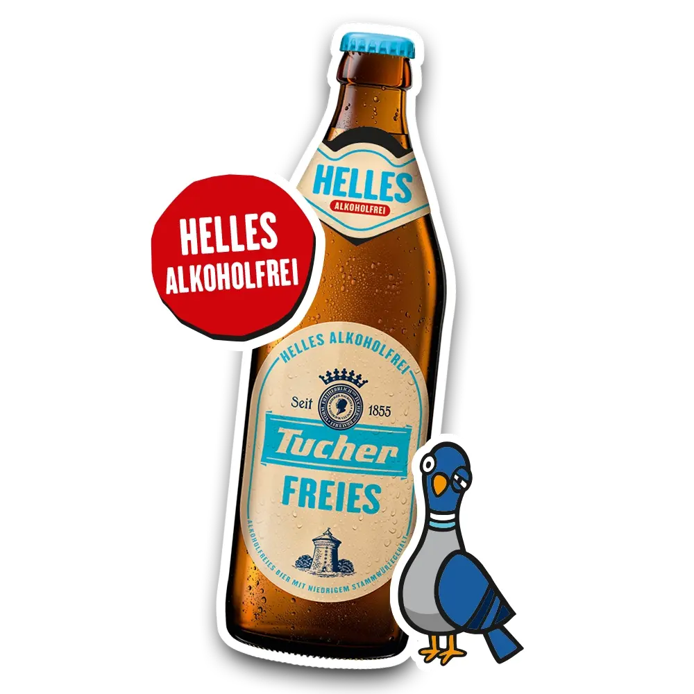 Illustration einer Tucher Freies Bierflasche mit Aufkleber „Helles alkoholfrei“.
Daneben eine gezeichnete Taube vor weißem Hintergrund.