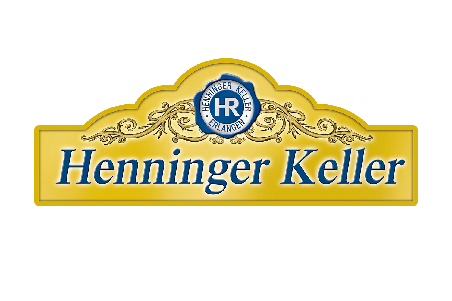 Goldenes Schild mit ornamental verziertem Rand und einem blauen Emblem in der Mitte.