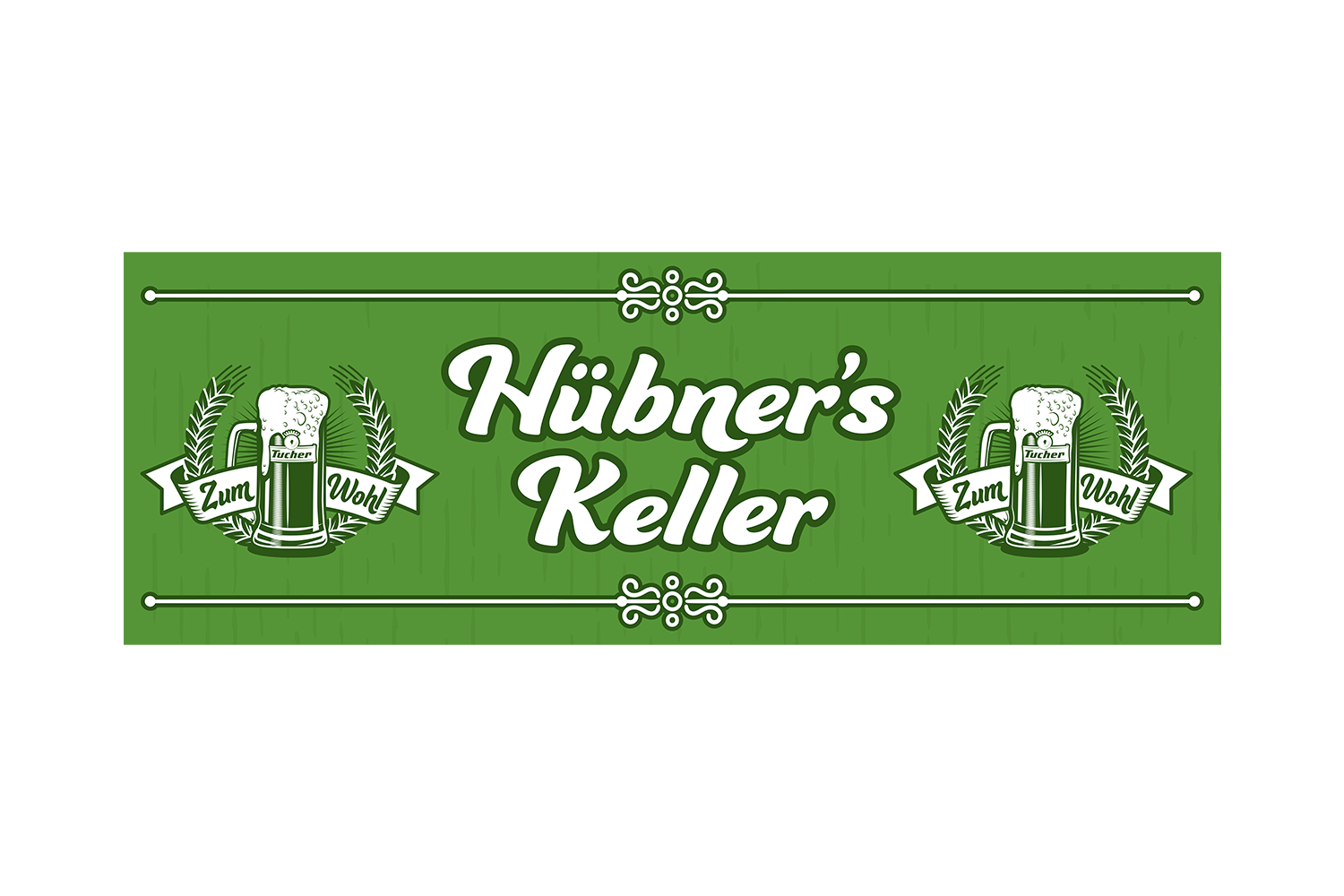 Grünes Schild mit weißer schreibschrist und zwei Bierkrügen, umgeben von Weizenähren.