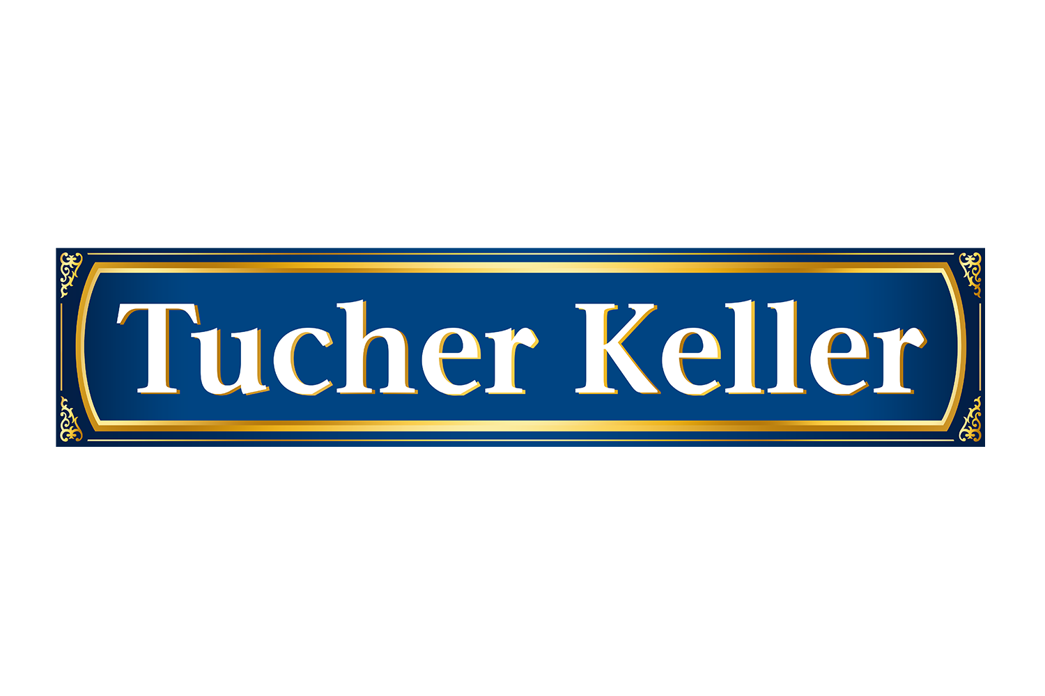 Ein rechteckiges blaues Schild zeigt den goldenen Text Tucher Keller eingerahmt von dekorativen Mustern.