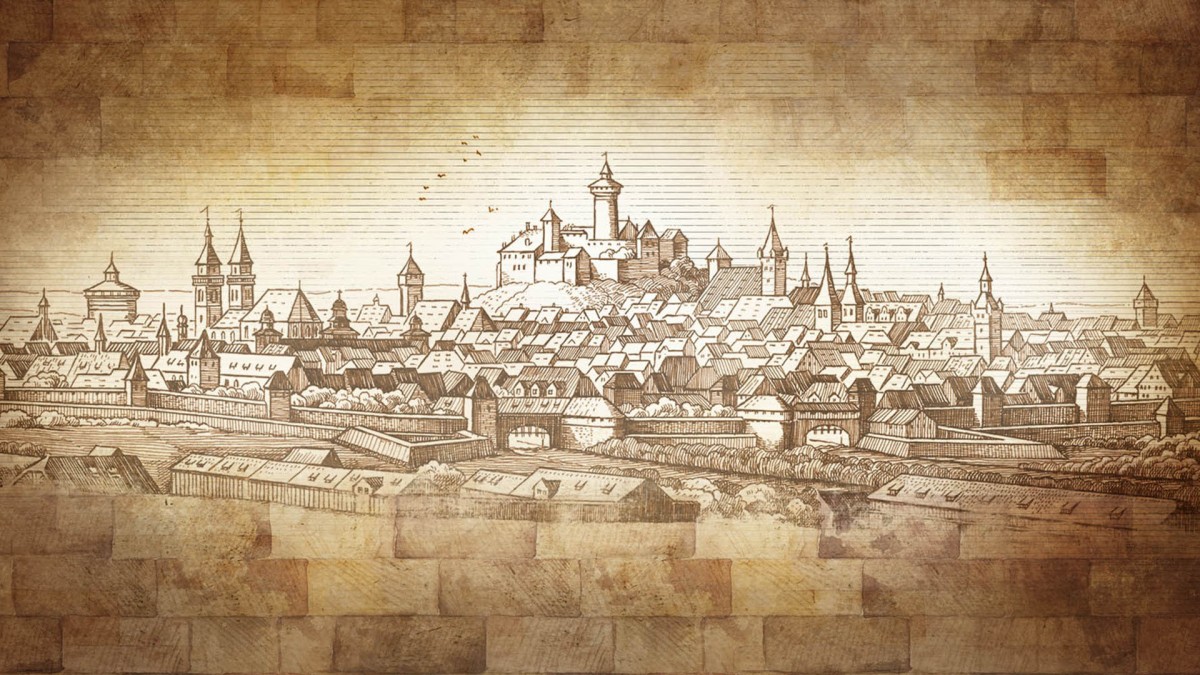 Illustration einer mittelalterlichen Stadt mit detaillierten Gebäuden und Türmen auf gealtertem Papier.